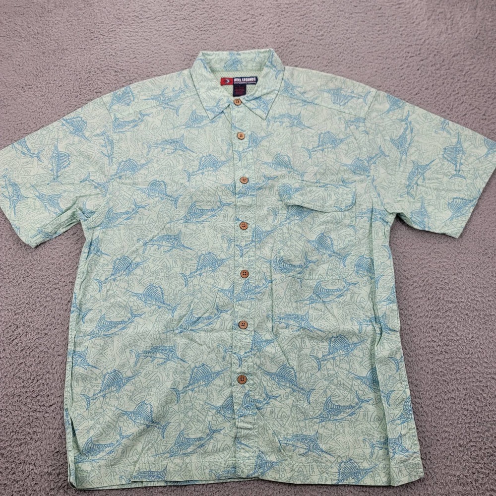 Reel Legends Shirt Mens Large Green Fishing Marlin All Over‎ Print Fishing Caped